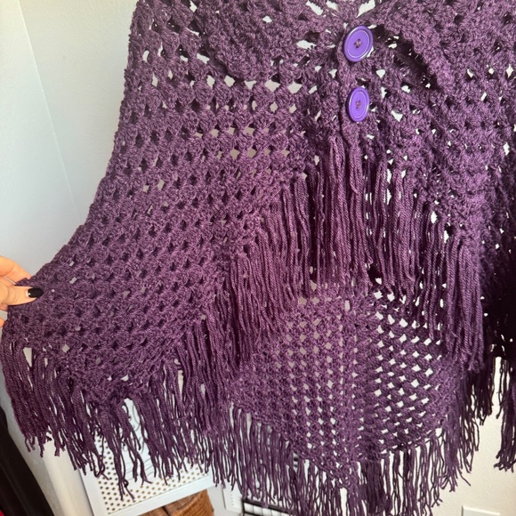 Handmade Crochet Purple Poncho with Tassels Buttons - Picture 6 of 7